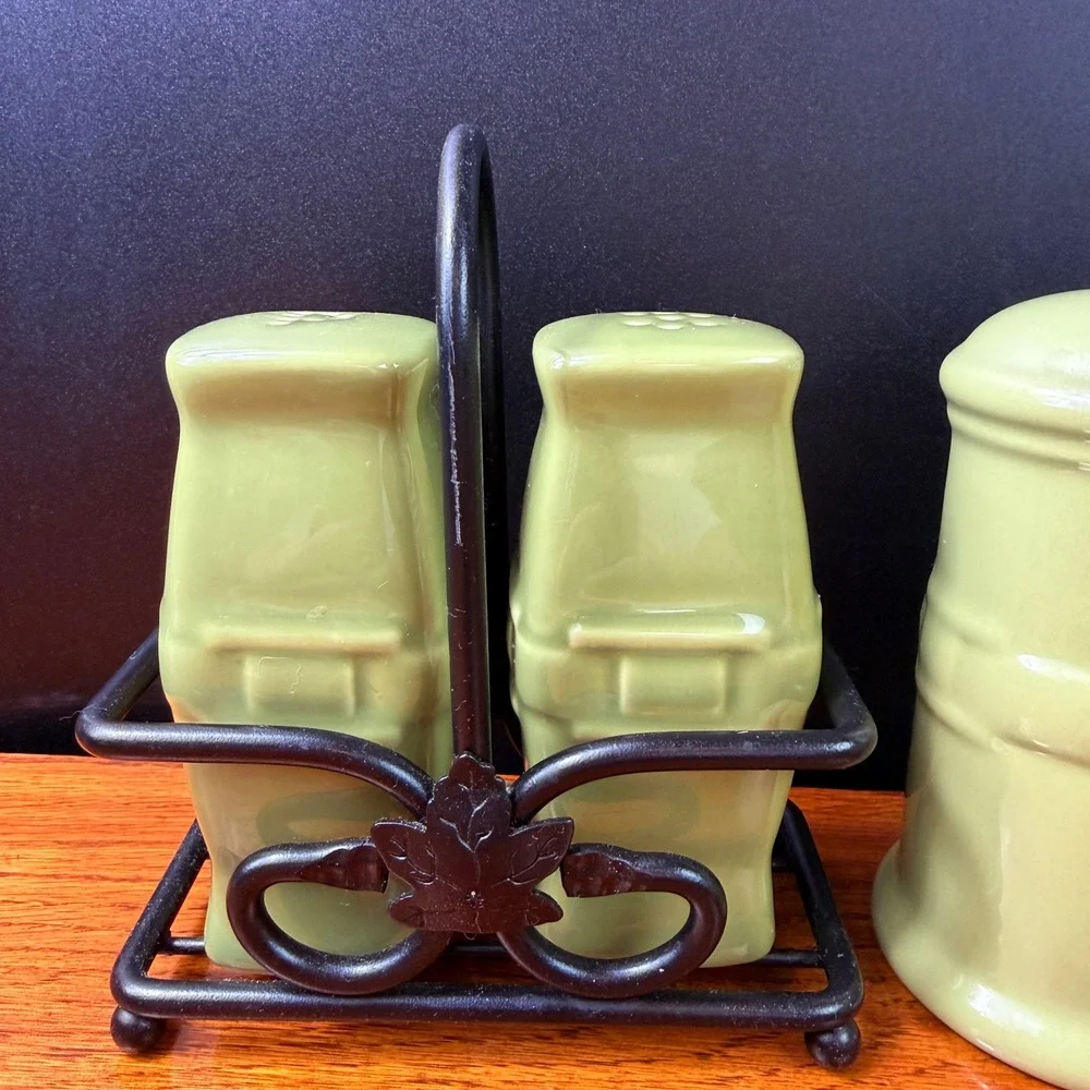 Longaberger Salt Pepper Shakers 2 Sets Sage Green Woven Ceramic Iron Caddy